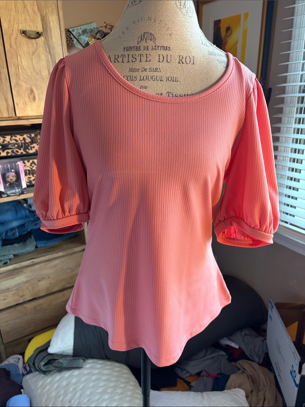 Rachel Parcell Pink Puff-Sleeve Ribbed Top - XL